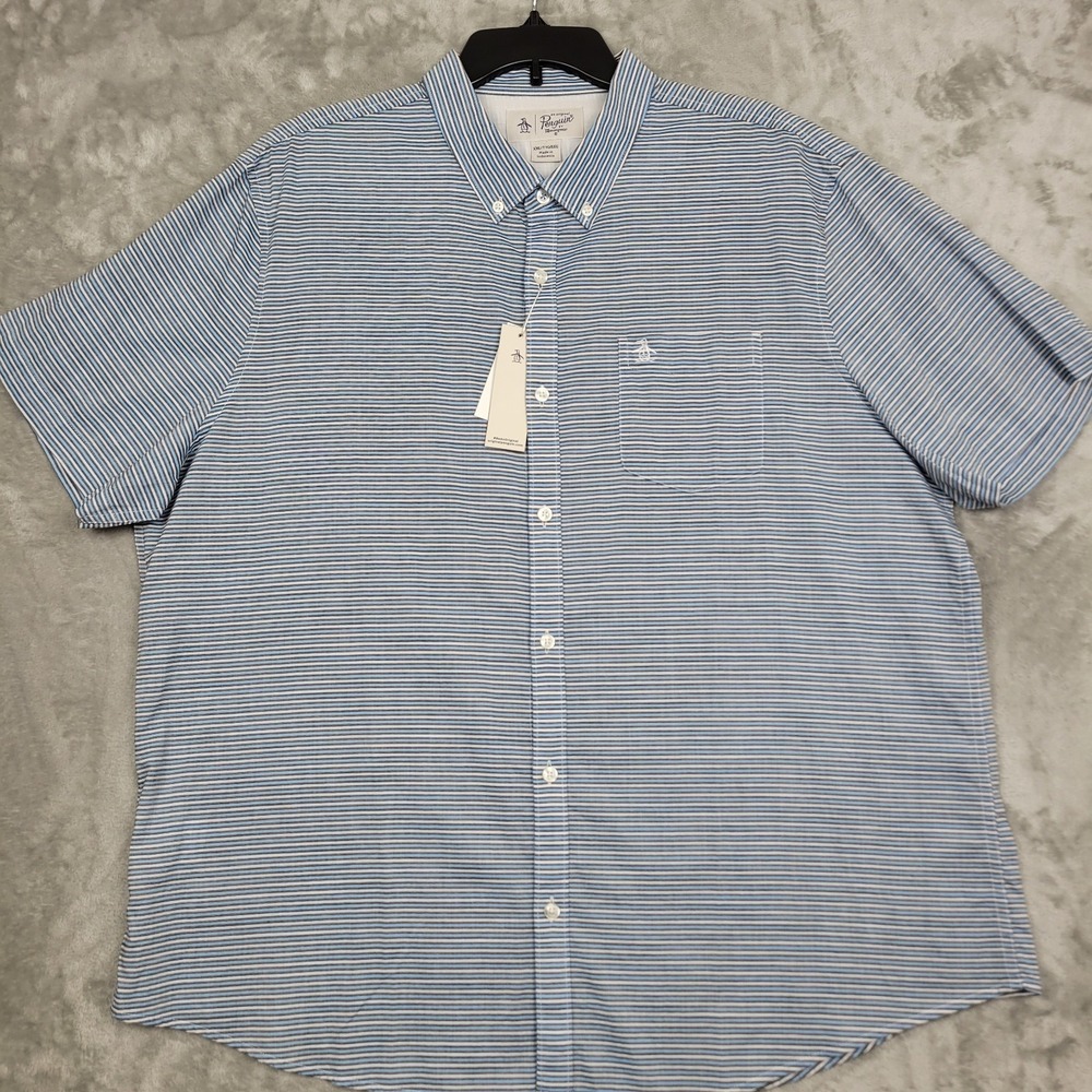 Penguin Munsingwear Men's 2XL Short Sleeve Shirt White Blue Cotton Stretch (NWT)